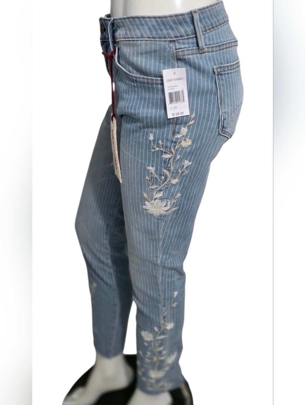 DRIFTWOOD Light Blue Pinstripe Skinny Jeans with White Floral Embroidery NWT - Picture 7 of 15